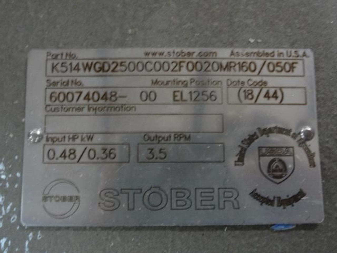 Stober K514WGD2500C002F0020MR160/050F; Gearbox; 0.48Hp/0.36kW