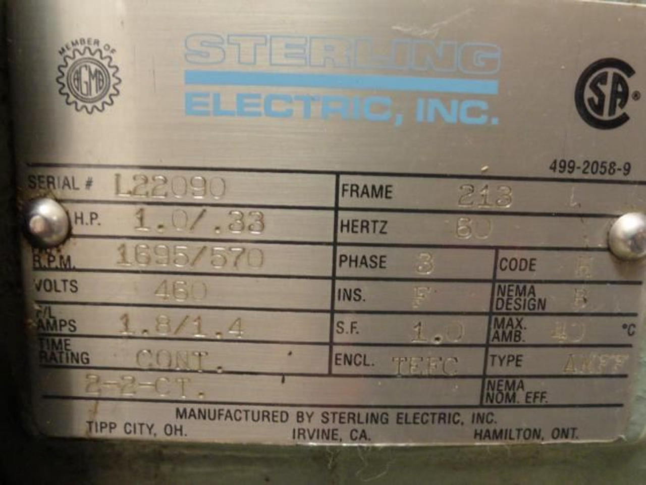Sterling 499-2058-9; AC Motor; 1Hp; 460V; 1695Rpm; 3PH