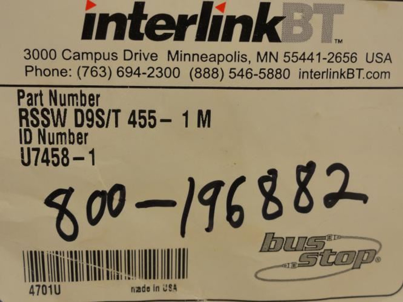 Interlink U7458-1; Network Connection Cable RSSW D9S/T 455; 1m L