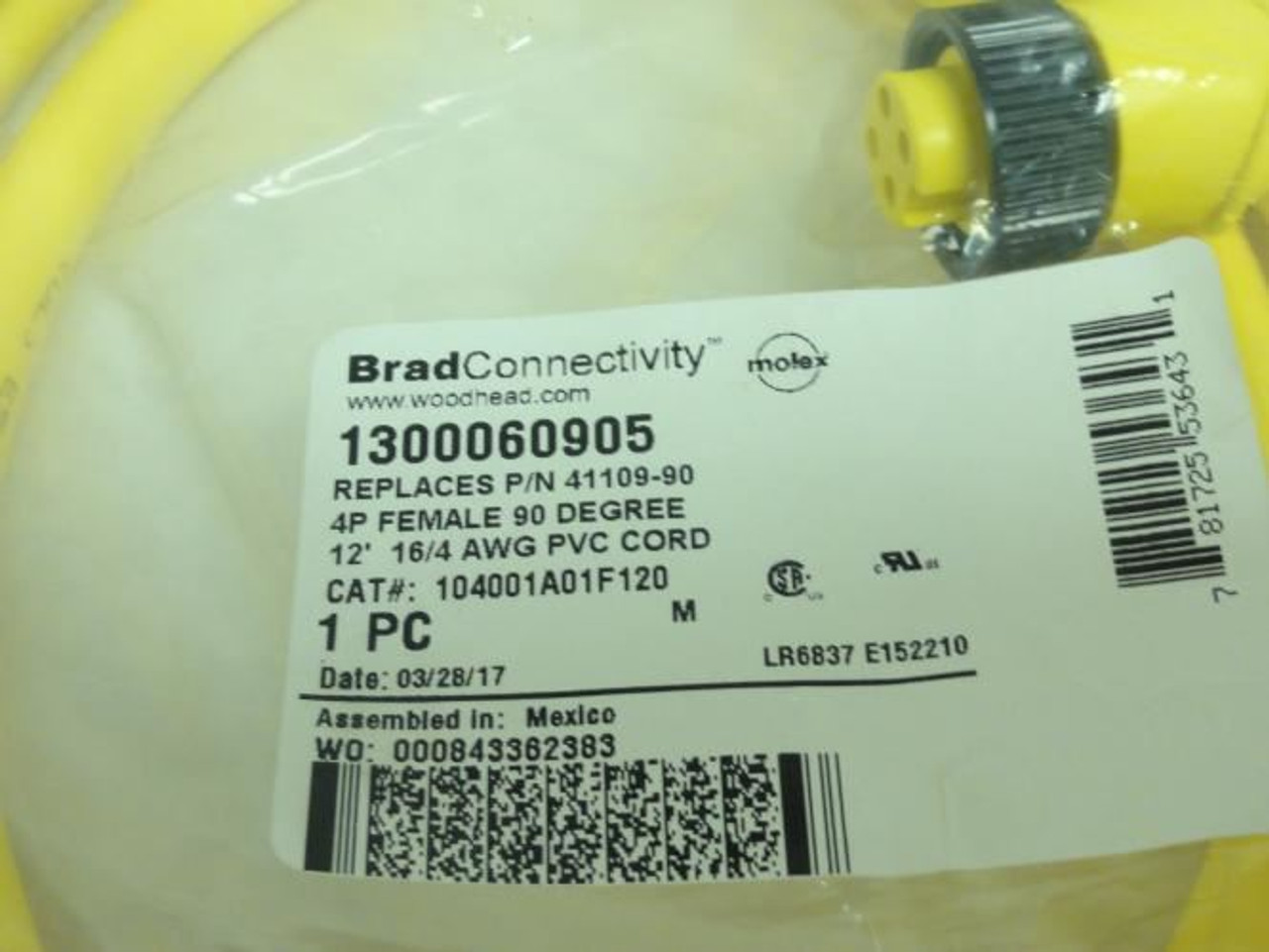 Brad Connectivity 1300060905; Cordset; 12' Length; 4P; 10A