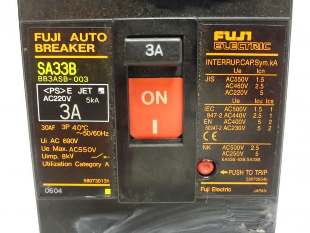 Fuji BB3ASB-003; Circuit Breaker SA33B/3; 3A; 3P; 690VAC