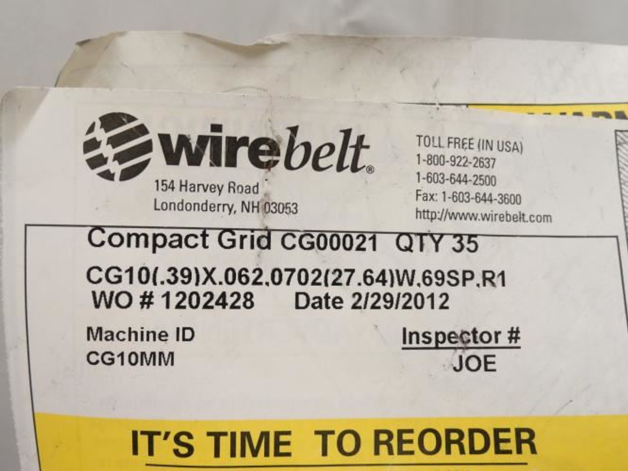 Wirebelt CG10MM; Compact Grid CG00021; 35' Long; 27.64" Wide