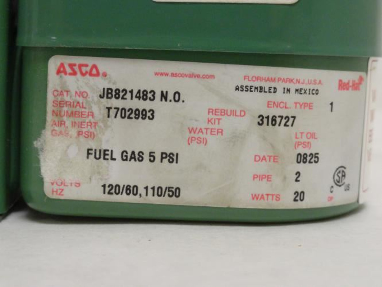 Asco JB821483; Fuel Gas Solenoid Valve; 5PSI; 110/120VAC