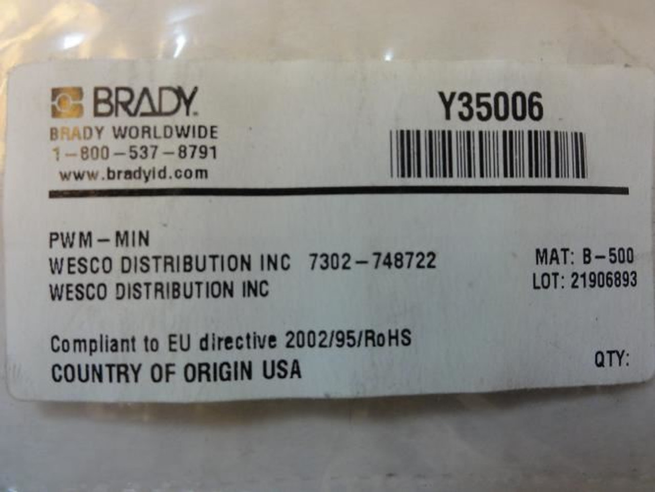 Brady Y35006; LOT-10 Wire Marker Label