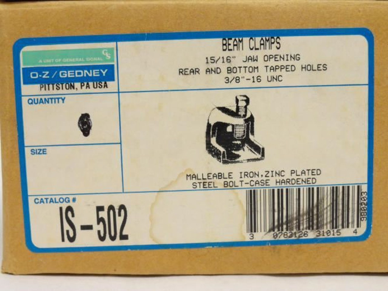 OZ-Gedney IS-502; Beam Clamp; Size: 15/16" Jaw; Malleable Iron