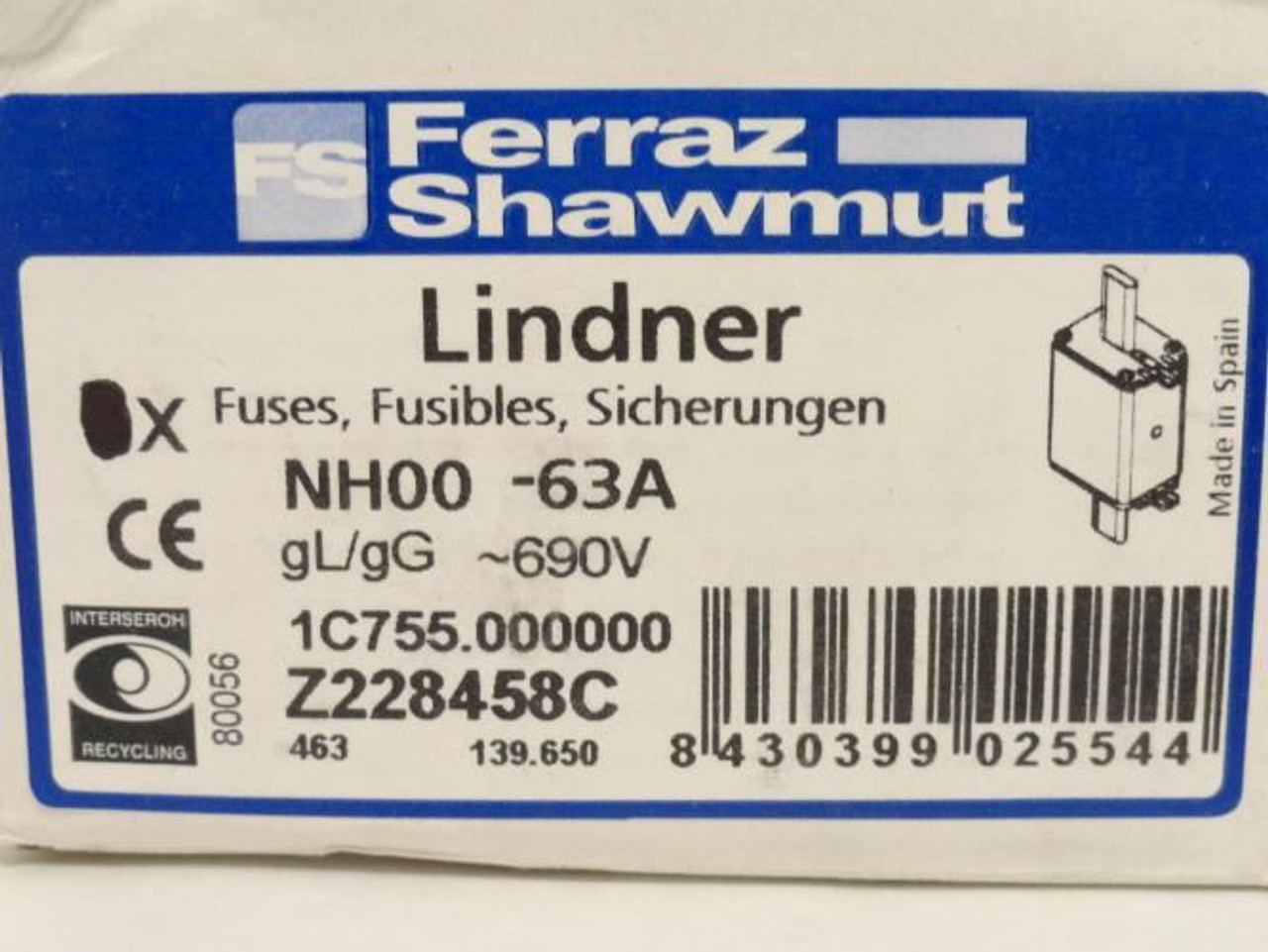 Ferraz 1C755.000000; Fuse Link; 63 AMP; 690VAC