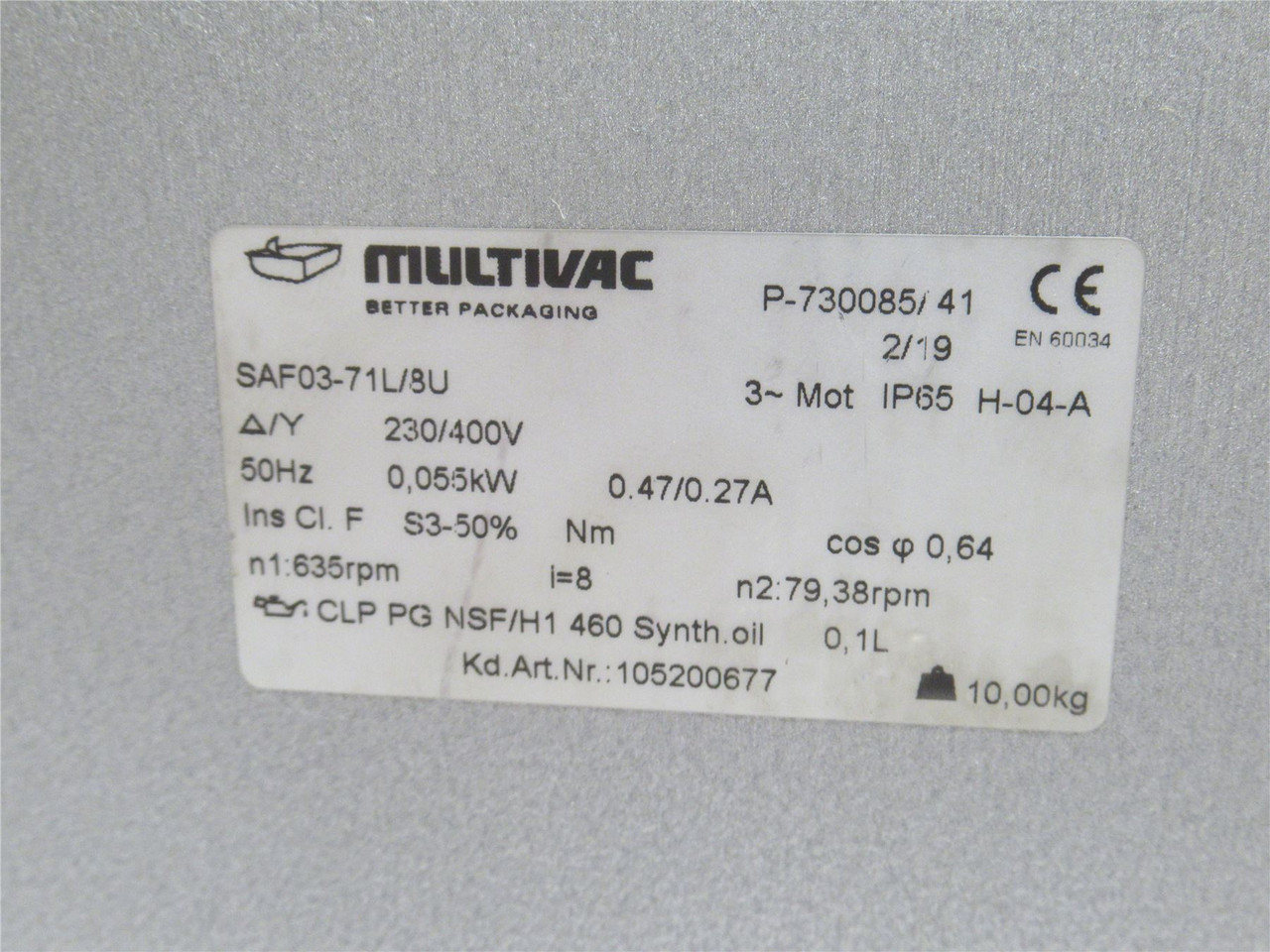 Multivac SAF03-71L/SU; Gearmotor 105200677; 400V; 1:635 Ratio