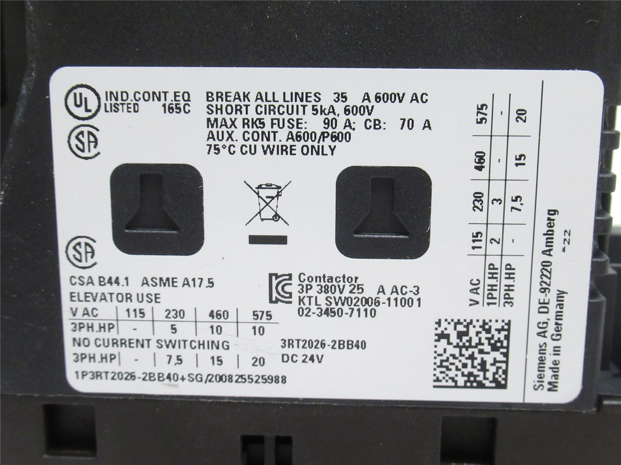 Siemens 3RT2026-2BB40; Contactor; 25A; 3P; 600VAC; Coil: 24VDC