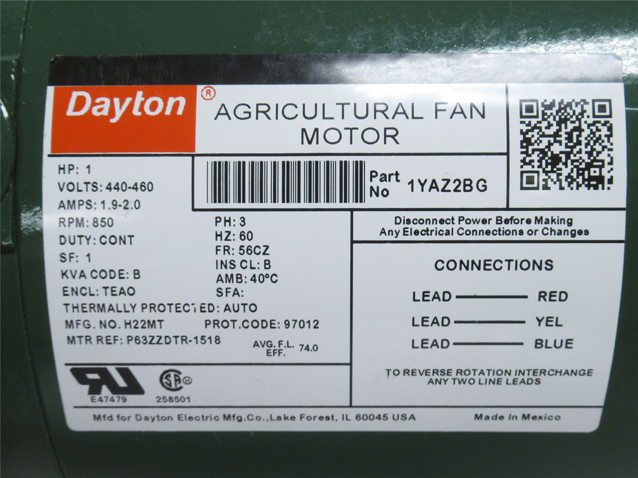Dayton 1YAZ2BG; Agricultural Fan Motor; 1HP; 460VAC; 850RPM