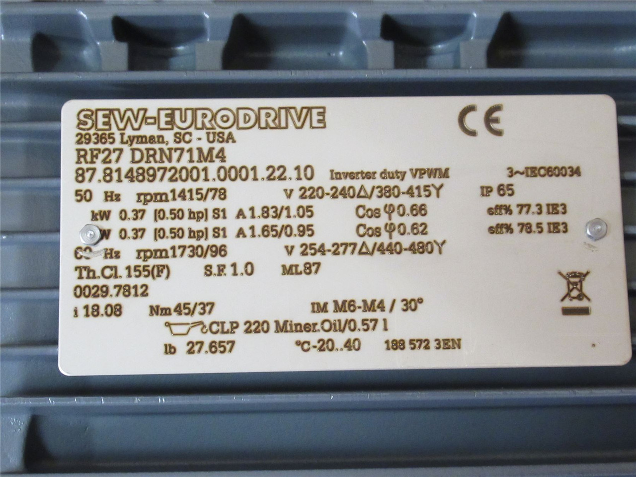 SEW RF27DRN71M4; AC Gearmotor 18:1 Ratio; 0.37kW; 3PH; 60HZ