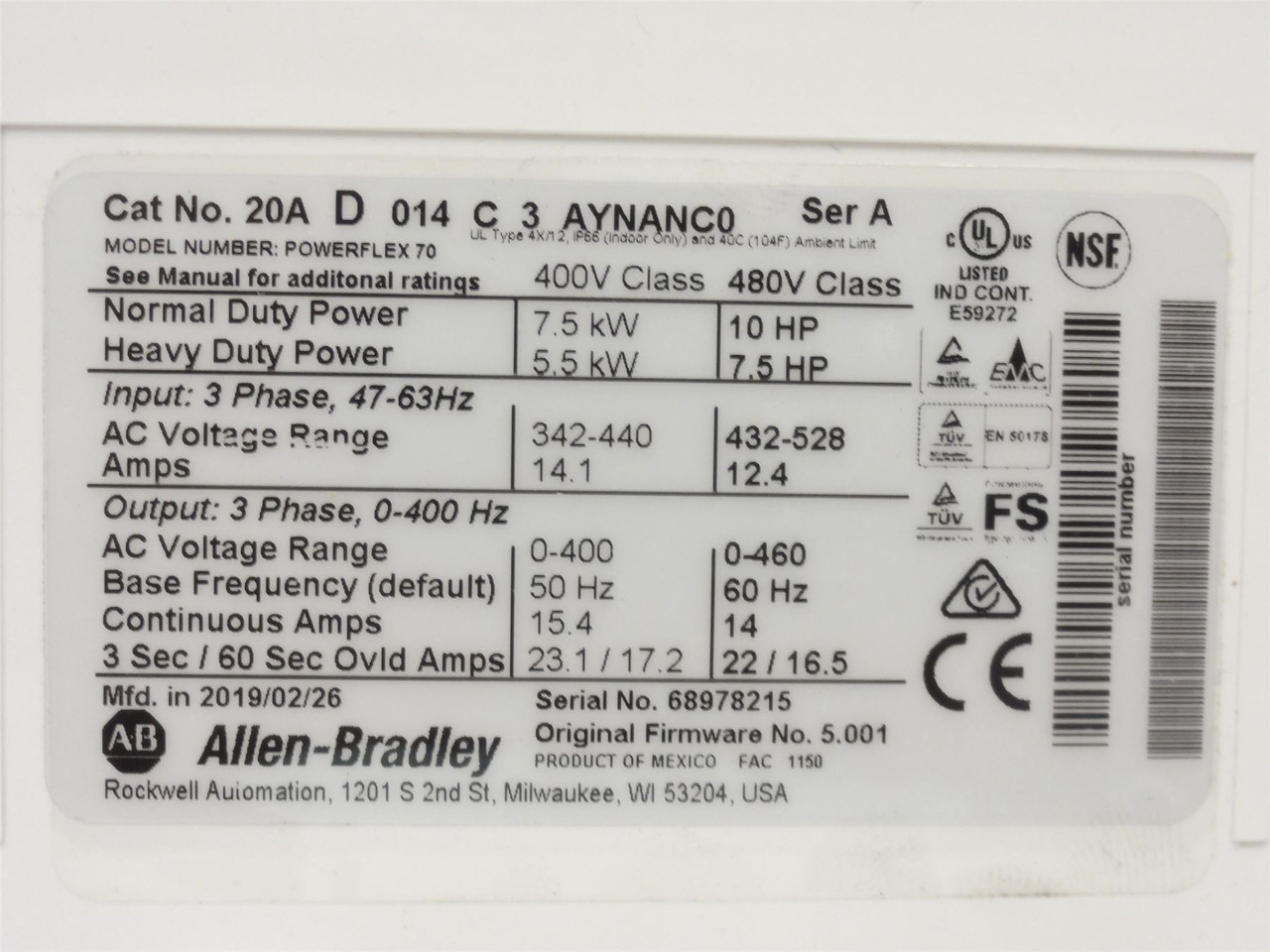 Allen-Bradley R20AD014C3AYNANC0; AC Drive; 10HP; 480V; Reman