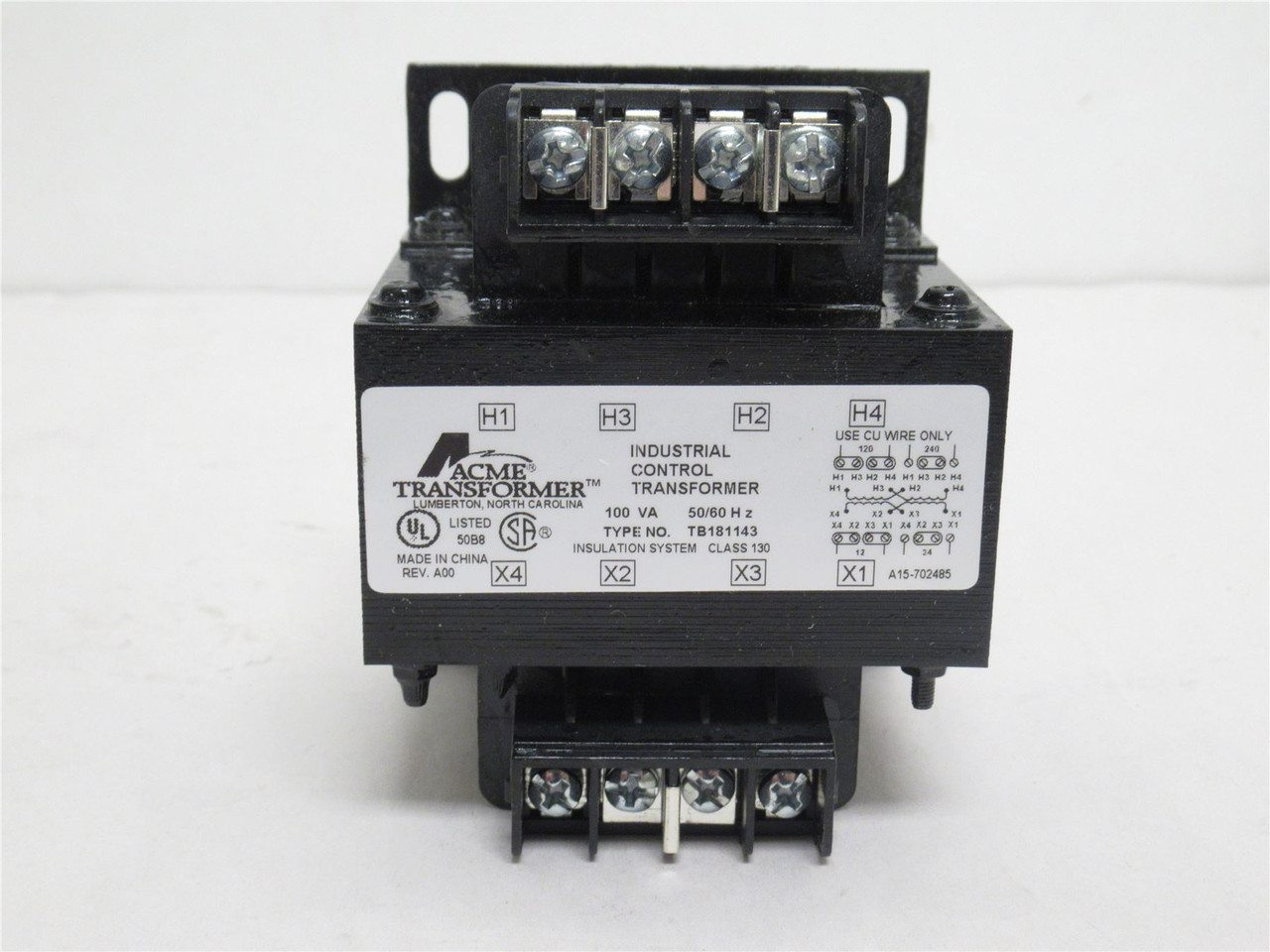 Acme TB181143; Control Transformer 100vA; 120x240VAC Primary