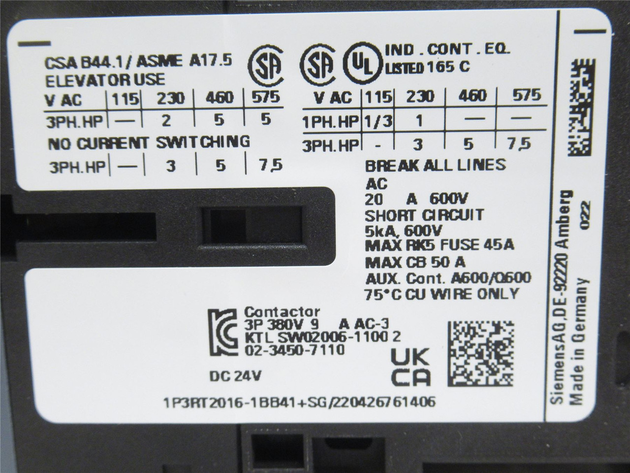 Siemens 3RT2016-1BB41; Contactor; 9A; 3P; 400VAC; Coil: 24VDC