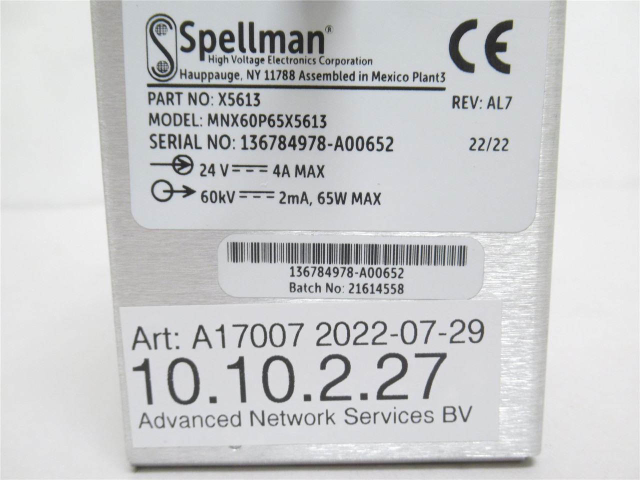 Spellman MNX60P65X5613; X-Ray Module Power Supply; X5613