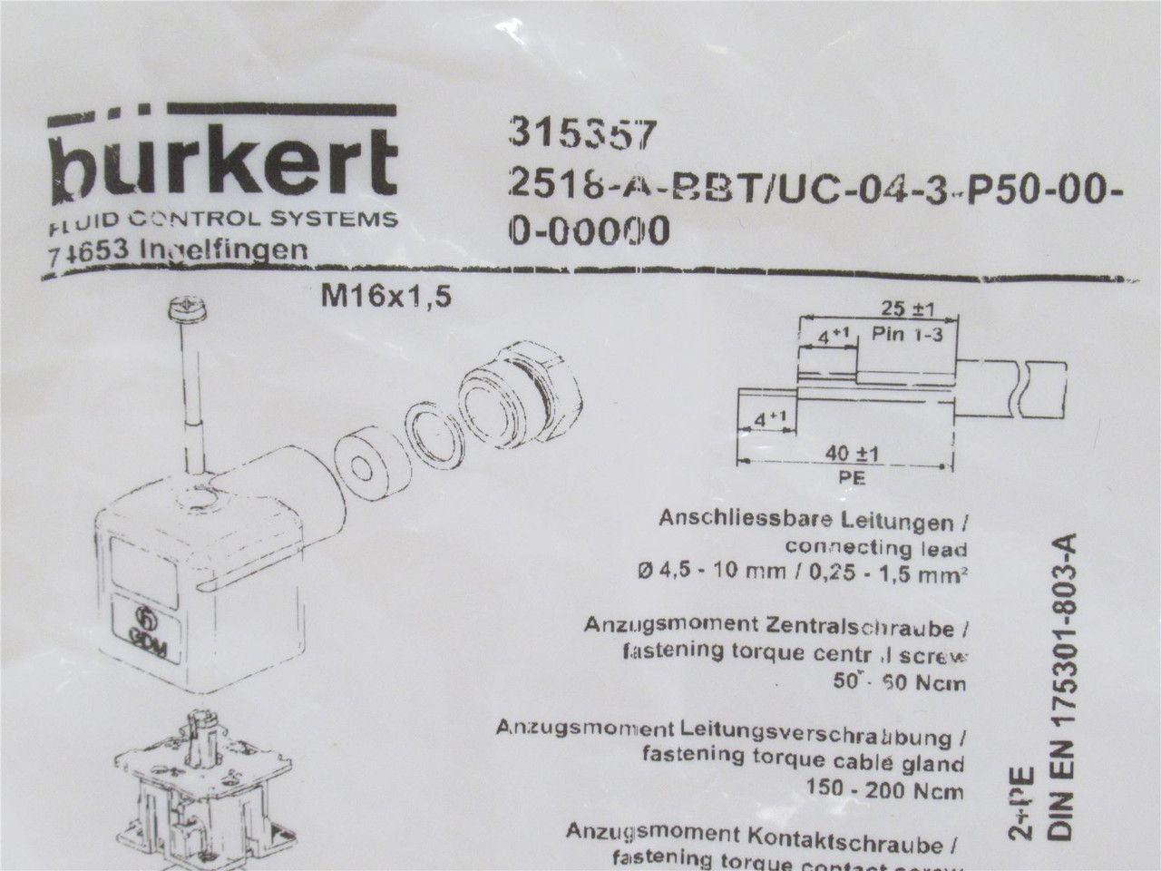Burkert 315357; Connector; 90Deg; 12-24VDC; M16 x 1.5