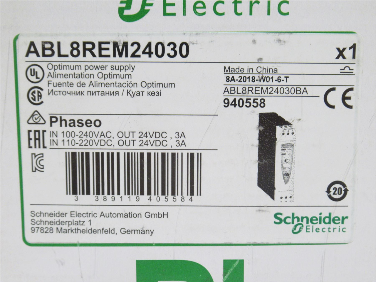 Schneider ABL8REM24030; Regulated Power Supply; 100-240VAC In
