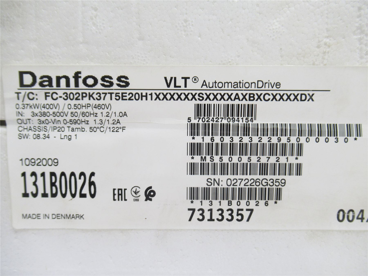 Danfoss 131B0026; Frequency Converter; 380-500VAC; 1/2HP