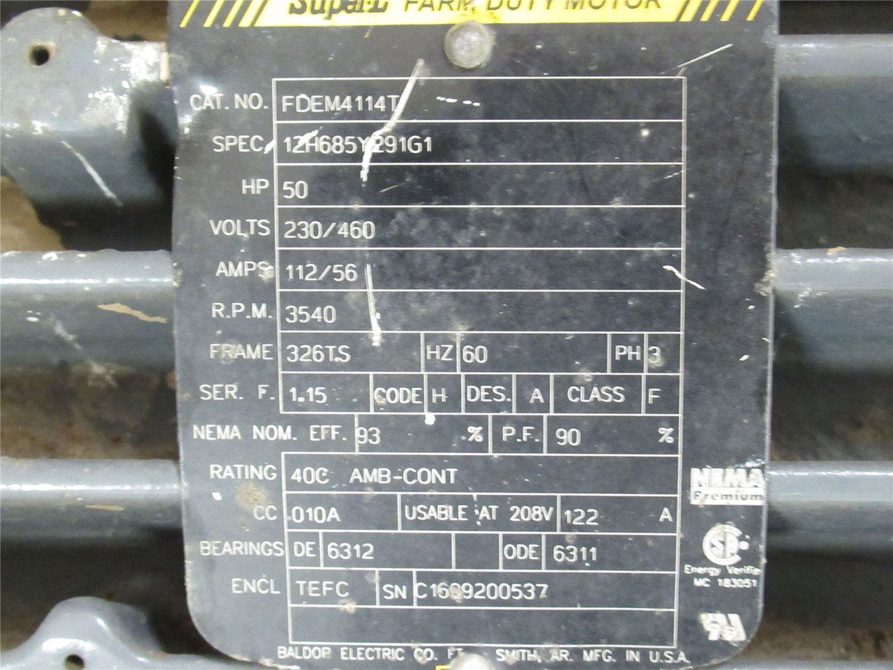Baldor FDEM4114T; AC Motor; 50HP; 230/460V; 3540RPM; 3PH; 112/56A