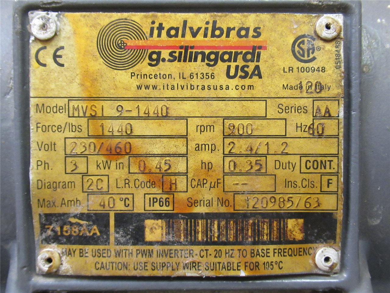 Italvibras MVSI 9-1440; Electric Vibrator; 230/460VAC; 900RPM; 3PH