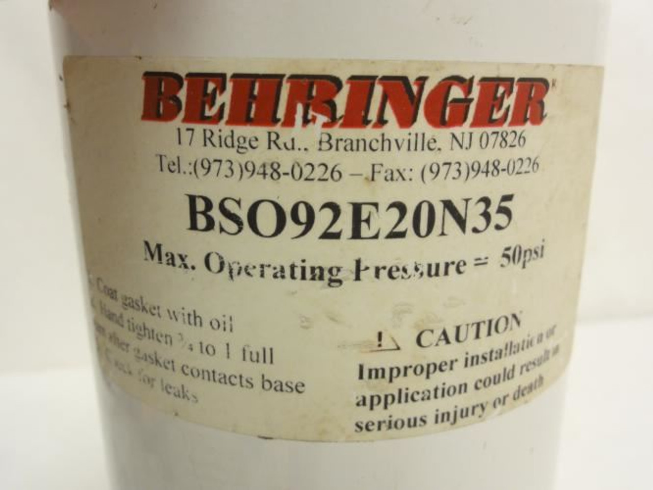 Behringer BSO92E20N35; Oil Filter; 50Psi; 9" Long x 3-3/4" OD