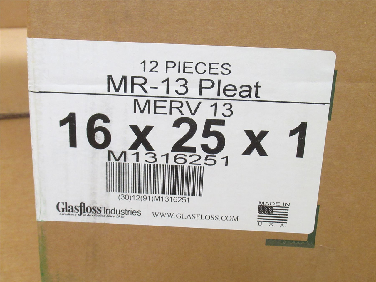 Glasfloss M1316251; Box-12 Pleated Air Filter; 16" x 25" x 1"