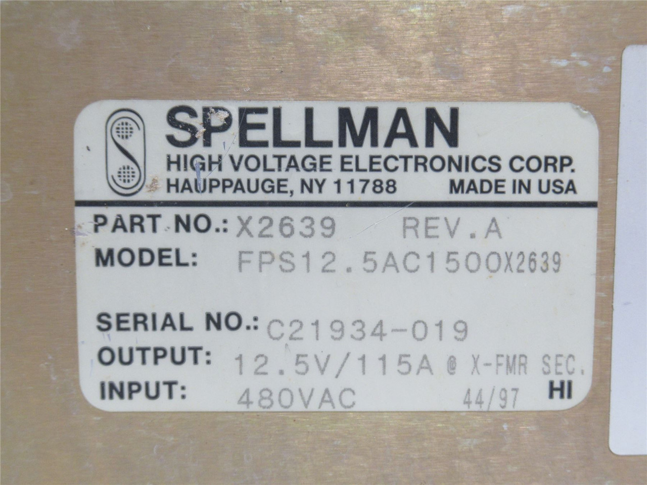 Spellman FPS12.5AC1500X2639; Power Supply 480VAC In 12.5V Out