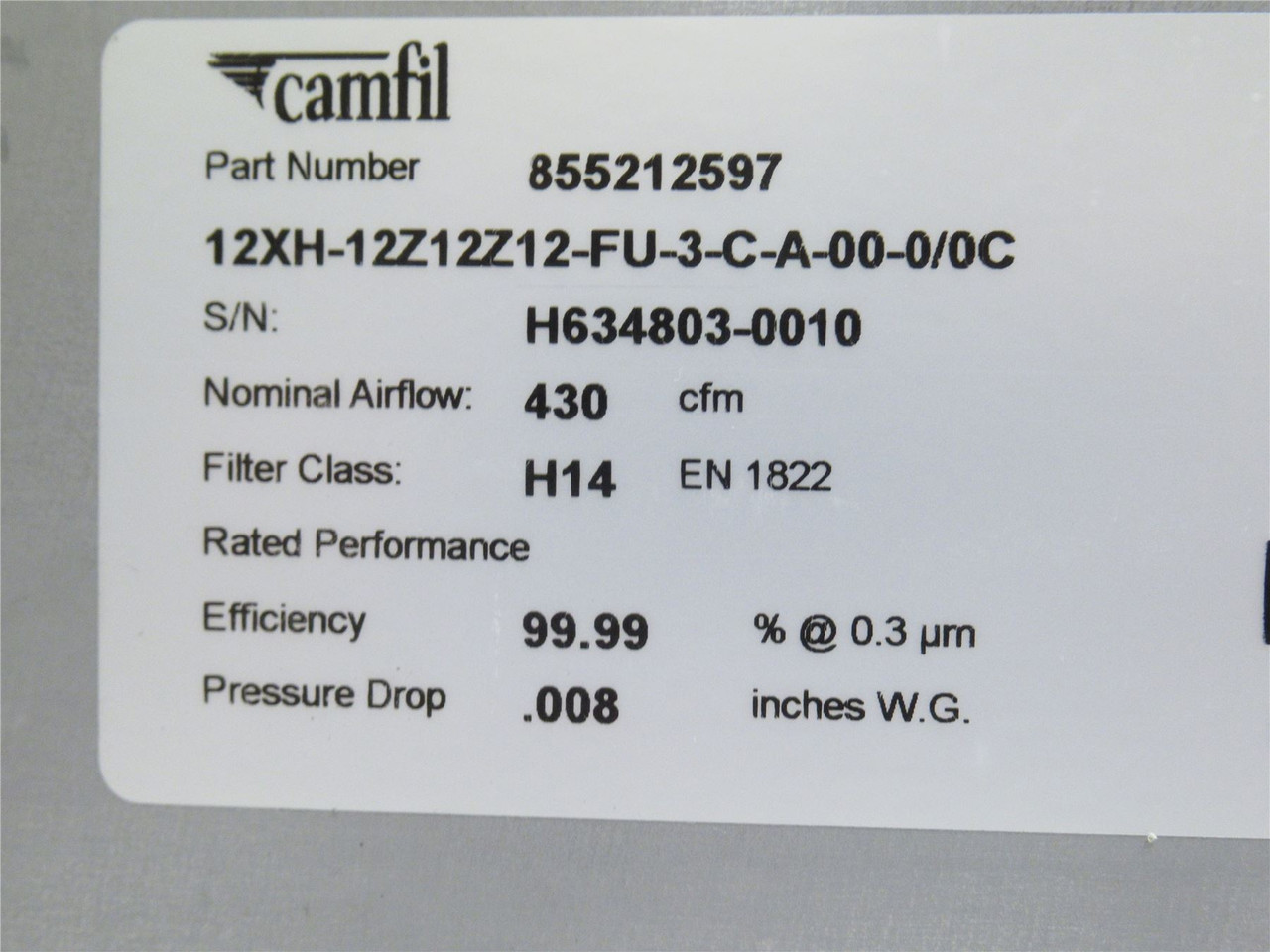 Camfil 12XH-12Z12Z-FU-3-C-A-00-0/0C; Hepa Purifier Filter
