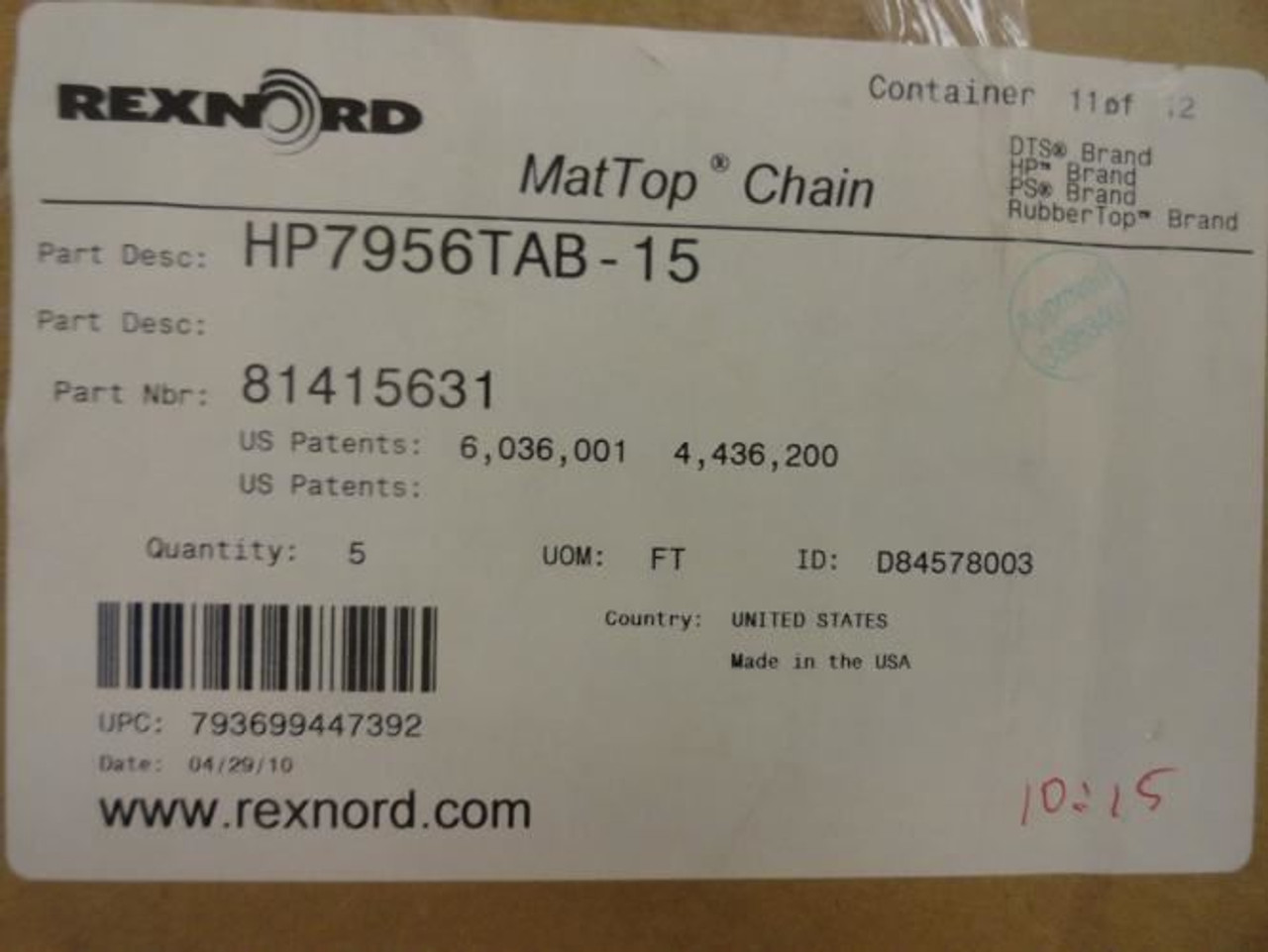 Rexnord HP7956-15 NO TAB  5FT; Mattop Chain; 10ft L x 15" W