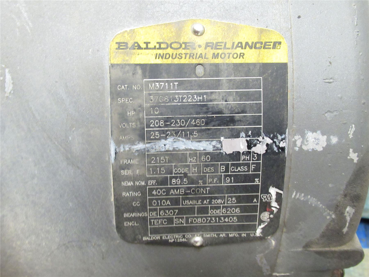 Baldor M3711T; AC Motor; 10HP; 208-230/460V; 3500RPM; 3Ph