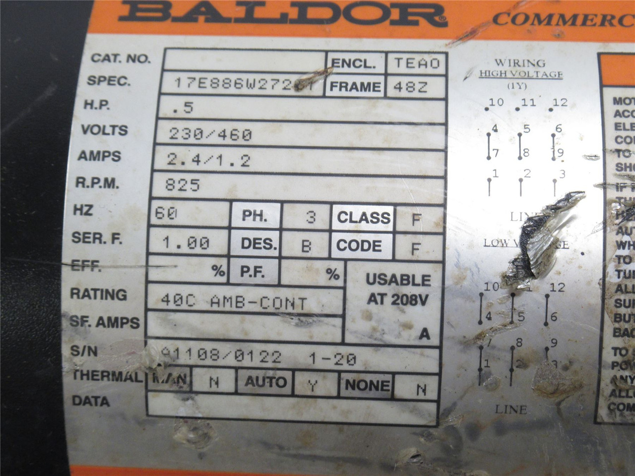 Baldor 17E886W27261; AC Motor; 1/2HP; 230/460V; 825RPM; 3Ph