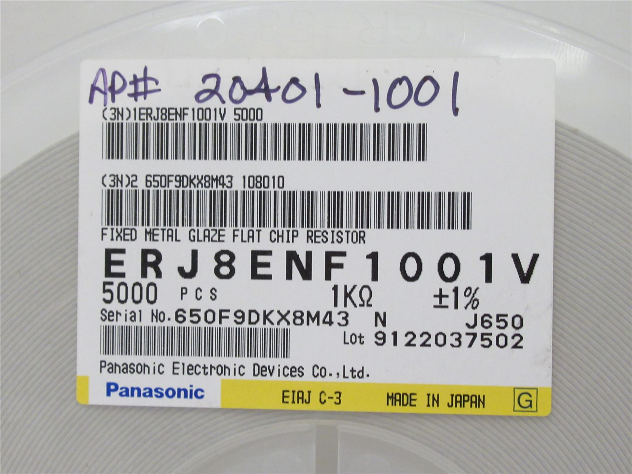 Panasonic ERJ8ENF1001V; Lot-5000 Chip Resistor; 1Kohm; +-1%