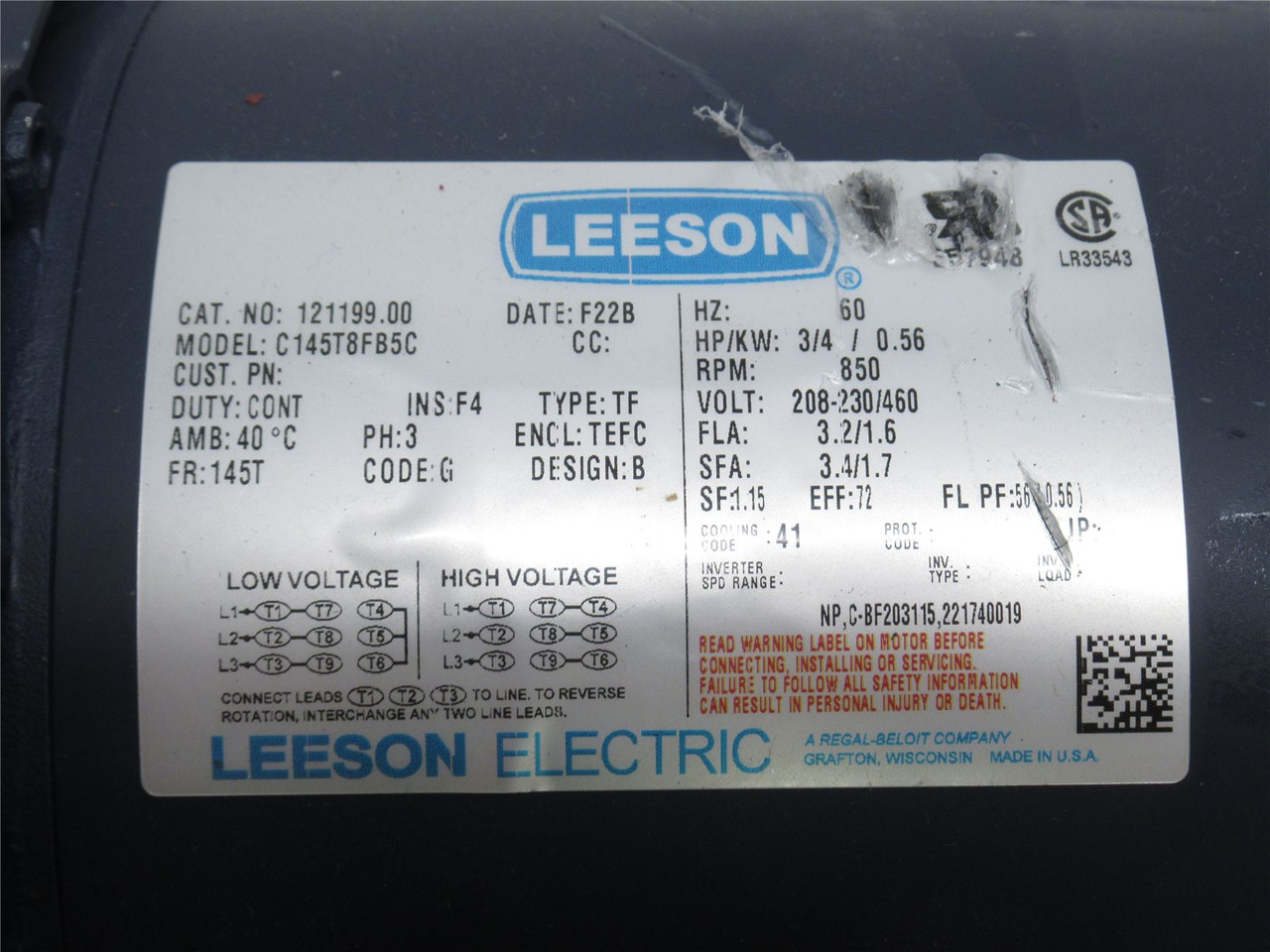 Leeson 121199; AC Motor; 3/4HP; 230/460V; 850RPM; 3PH; 60Hz