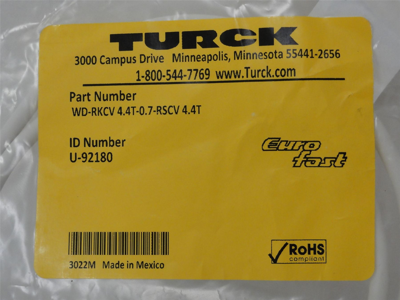 Turck WD-RKCV 4.4T-0.7-RSCV 4.4T; Cordset U-92180; .7M Length