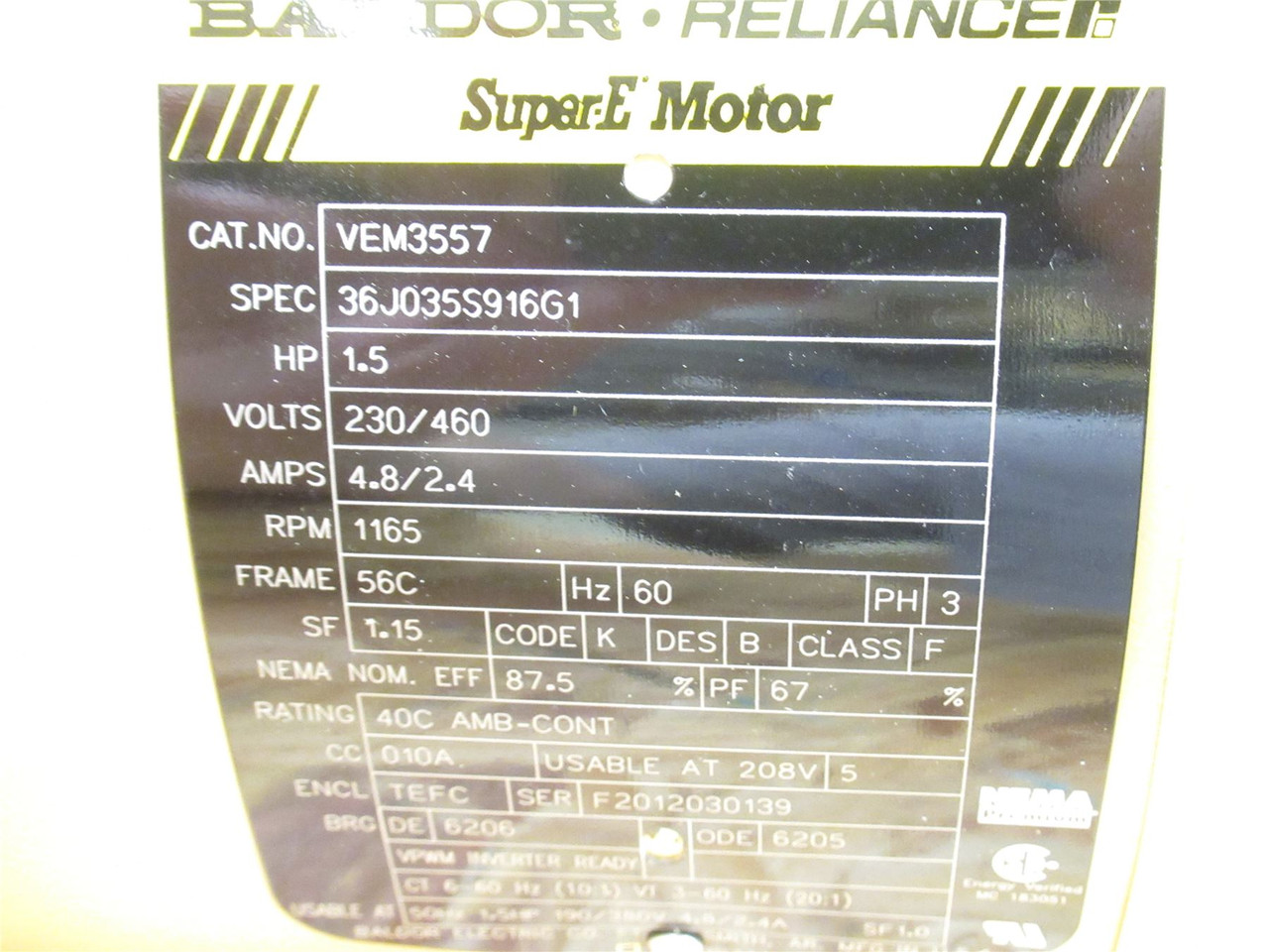 Baldor VEM3557; AC Motor 1-1/2HP; 230/460V; 1165RPM; 3PH; 60Hz