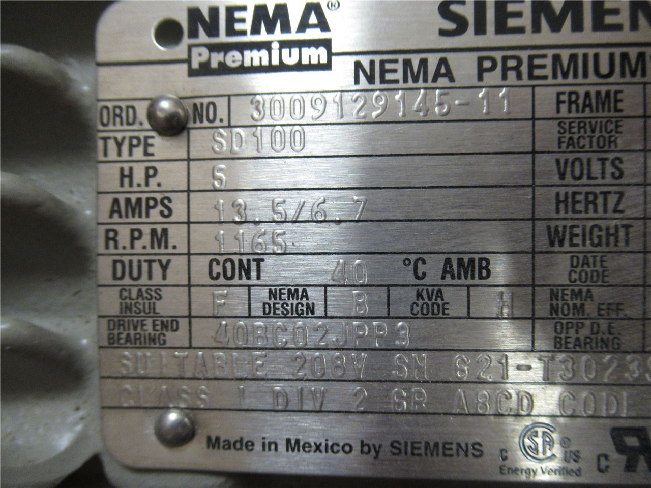 Siemens 1LE23212AC214EA3Z; AC Motor; 5HP; 230/460V; 1165RPM