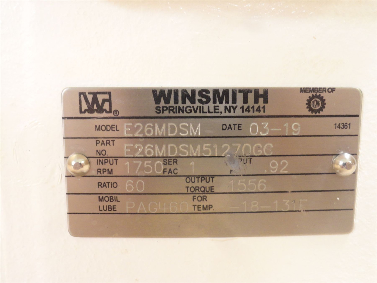 Winsmith E26MDSM51270GC; Gear Speed Reducer; RA; 60:1 Ratio