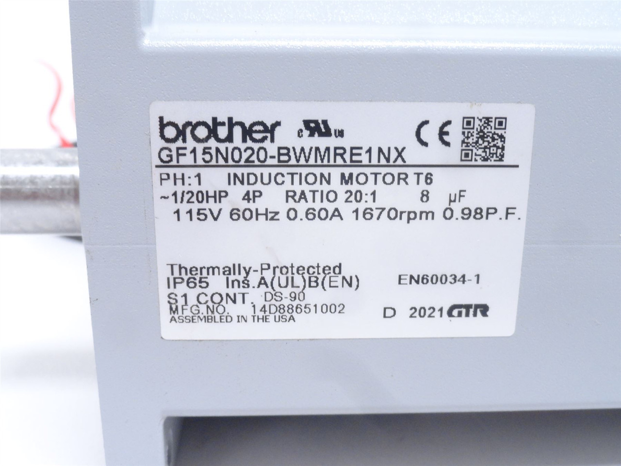 Brother GF15N020-BWMRE1NX; AC Gear Motor 1/20HP; 20:1 Ratio