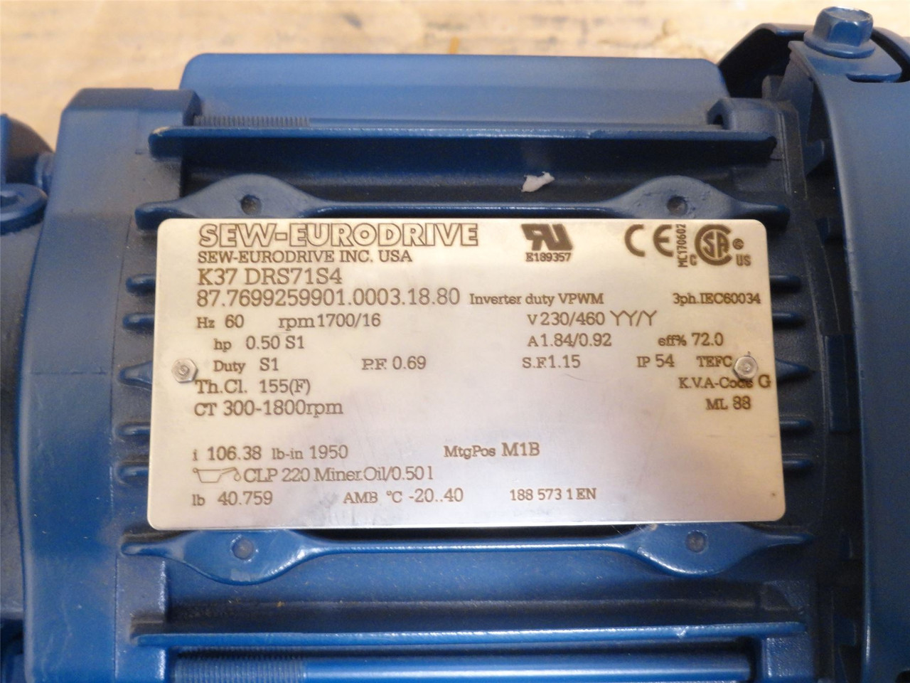 SEW K37DRS71S4; AC Gear Motor; 106:1 Ratio; 1/2HP; 230/460V