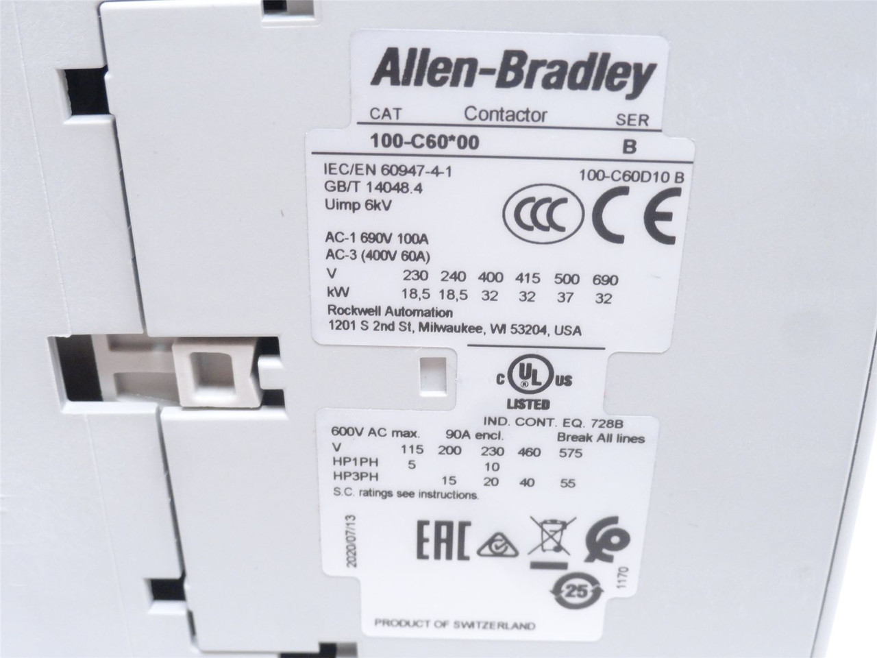 Allen-Bradley 100-C60D10; Contactor 90A; 3P; 600V; Coil: 120V