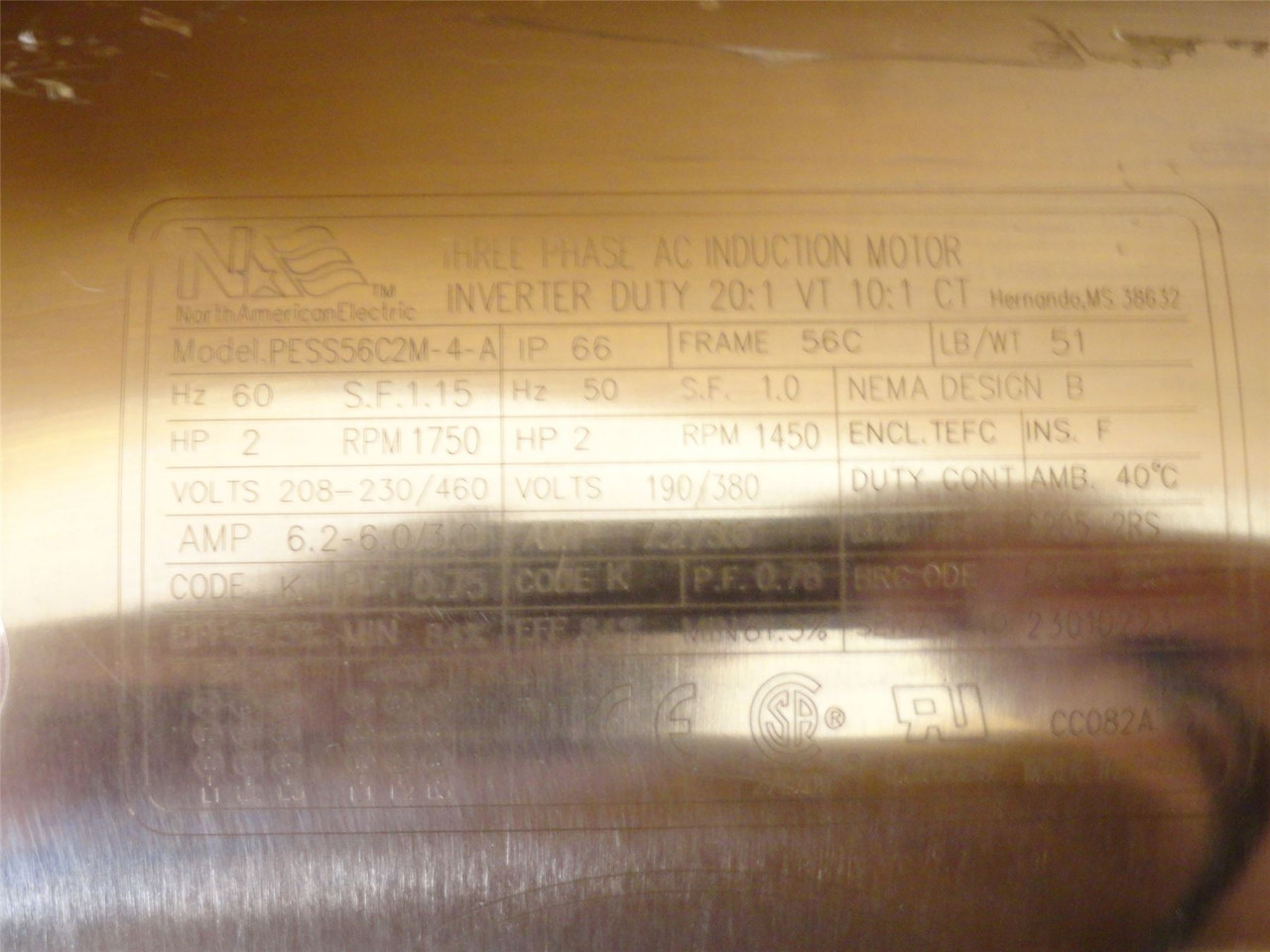 NorthAmerican Electric PESS56C2M-4-A; SS AC Motor 2HP 1750RPM