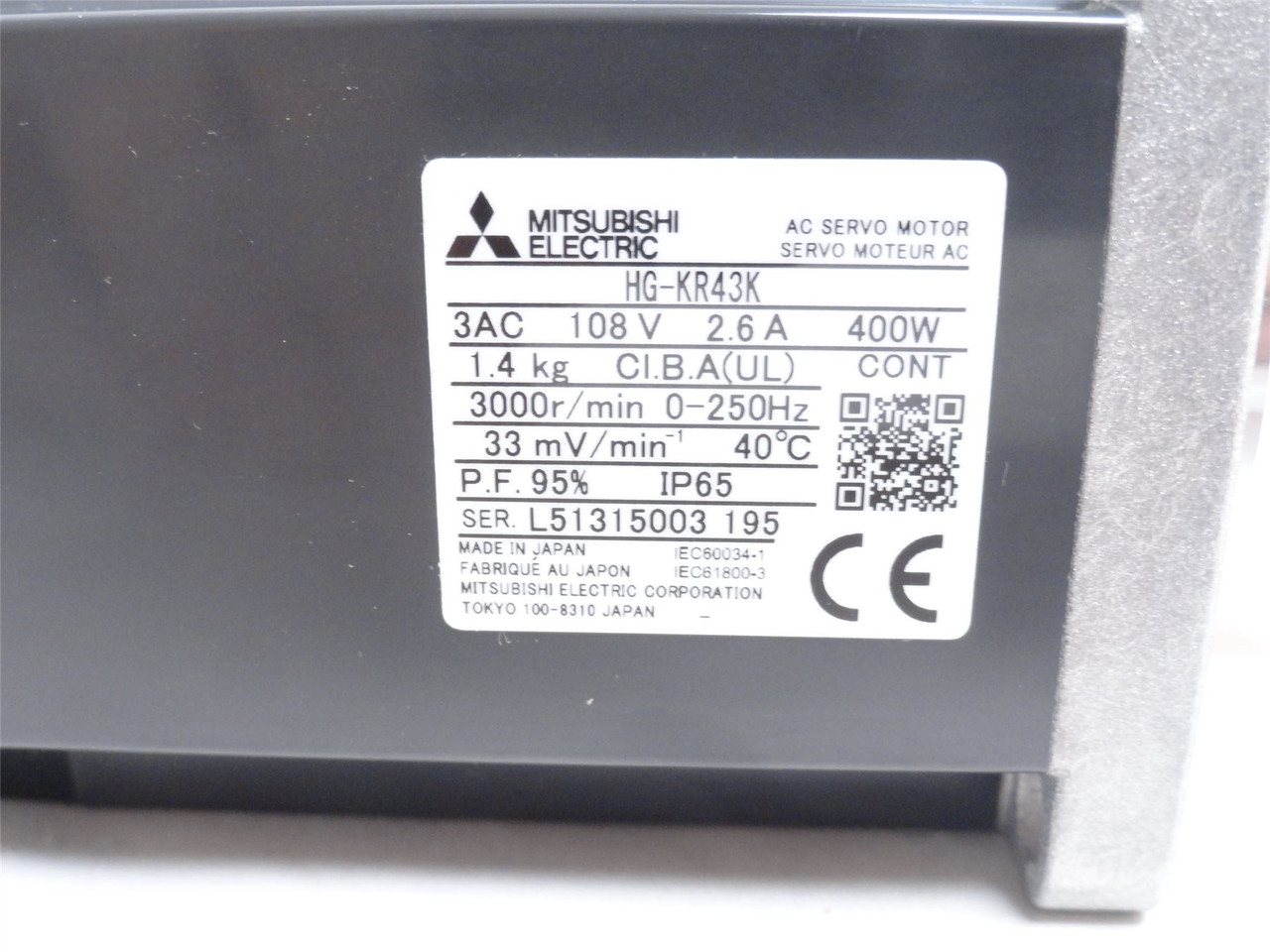 Mitsubishi HG-KR43K; AC Servo Motor; 108V; 2.6A; 3000RPM; 3P