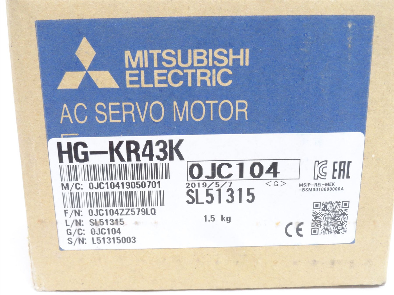 Mitsubishi HG-KR43K; AC Servo Motor; 108V; 2.6A; 3000RPM; 3P