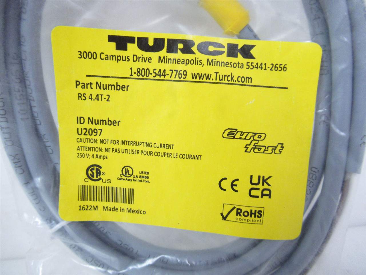 Turck RS-4.4T-2;  Cable M12 Female 4 Cond 2m 22 AWG