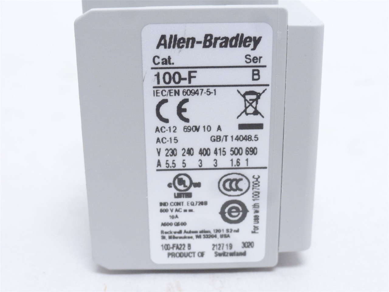 Allen-Bradley 100-FA22; Auxiliary Contact Block; 2NO/2NC; 10A
