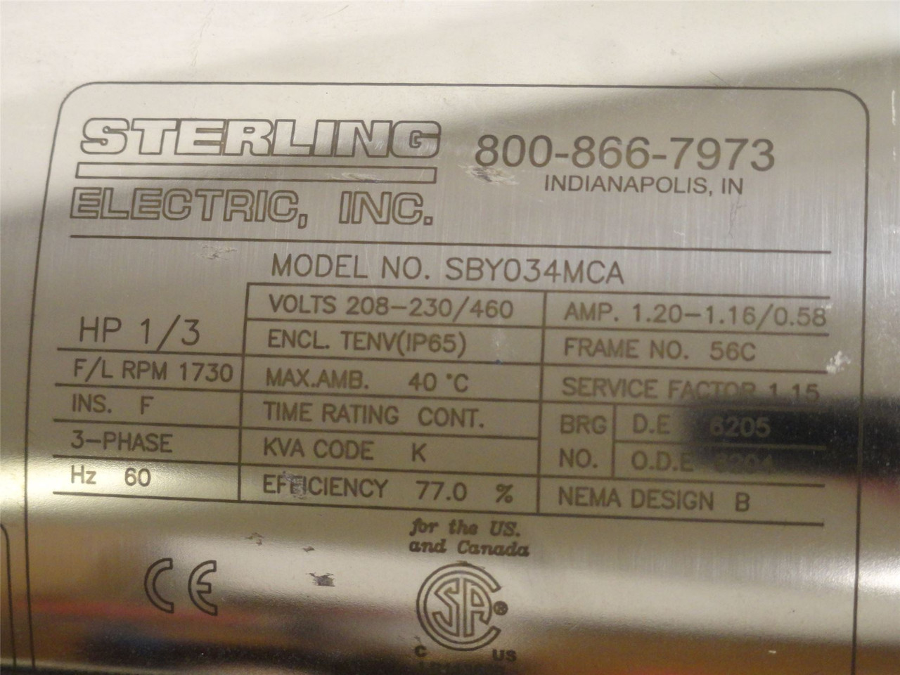 Sterling SBY034MCA; AC Motor SS 1/3HP 208-230/460VAC 1730RPM