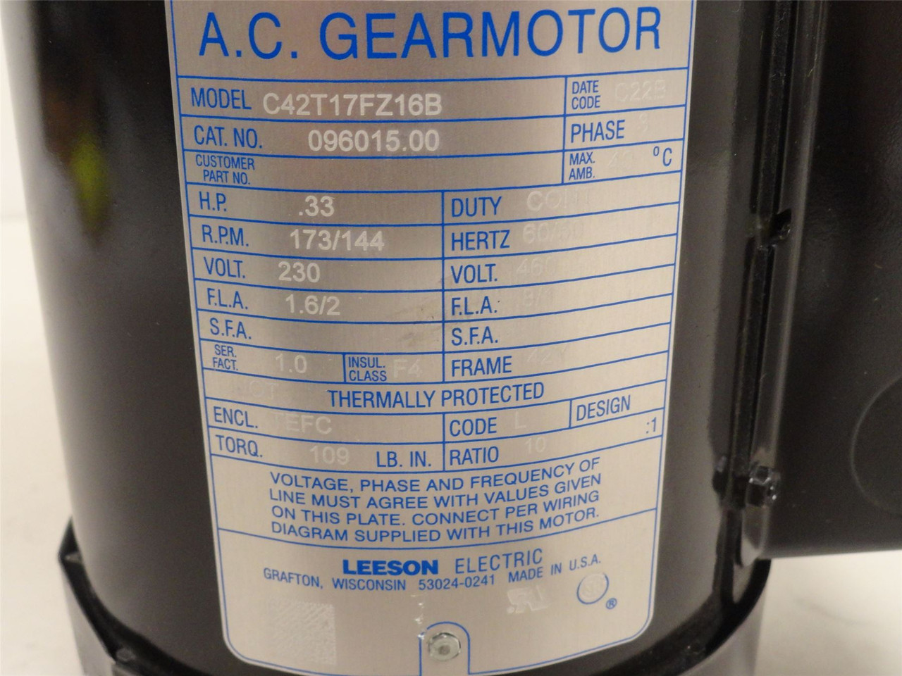 Leeson C42T17FZ16B; AC Gear Motor 10:1 Ratio; 1/3HP 230/460V