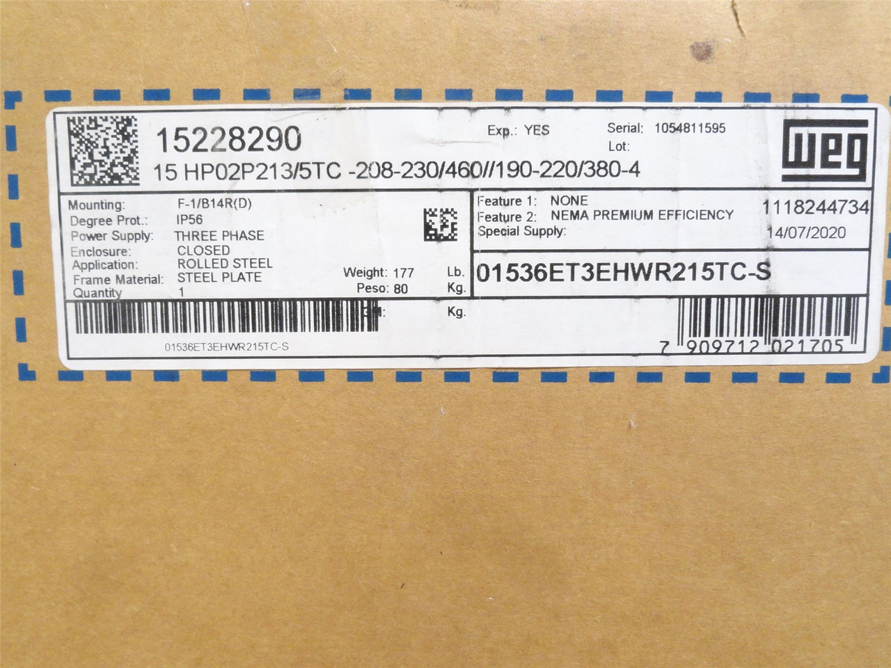 WEG 01536ET3EHWR215TC-S ; AC Motor 15HP 230/460V 3520RPM; 3PH