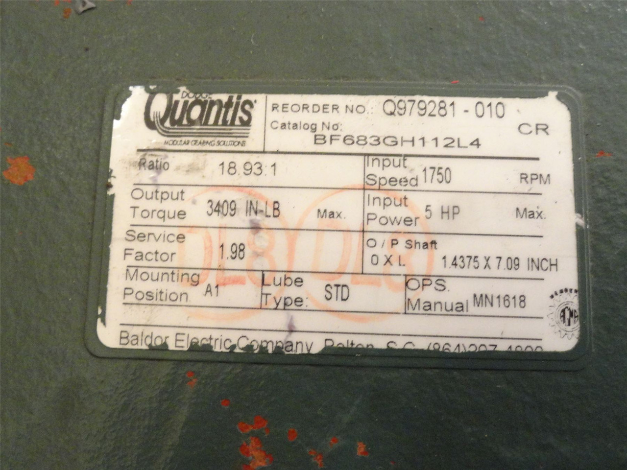 Dodge BF683GH112L4; Quantis AC Gearmotor; 18.93:1 Ratio; 5HP