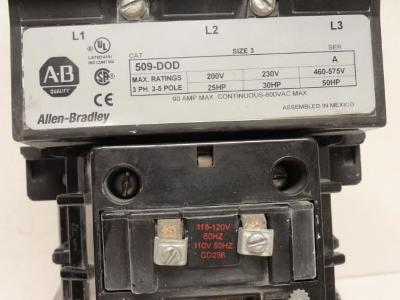 Allen-Bradley 509-DOD; Starter; 90A 3P 500V 50Hp; Coil: 120VAC
