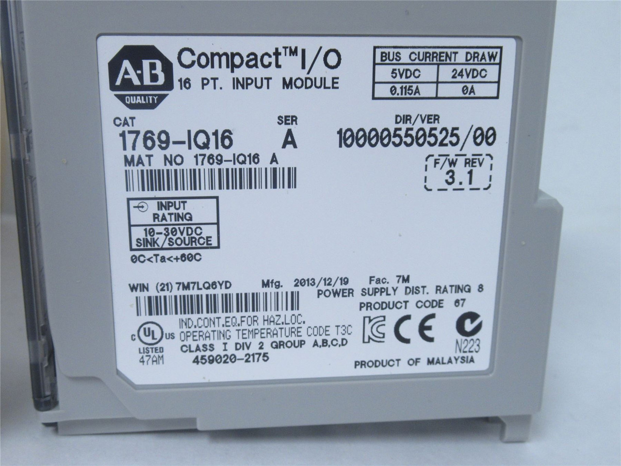 Allen-Bradley 1769-IQ16; CompactLogix Input Module; 5-24VDC